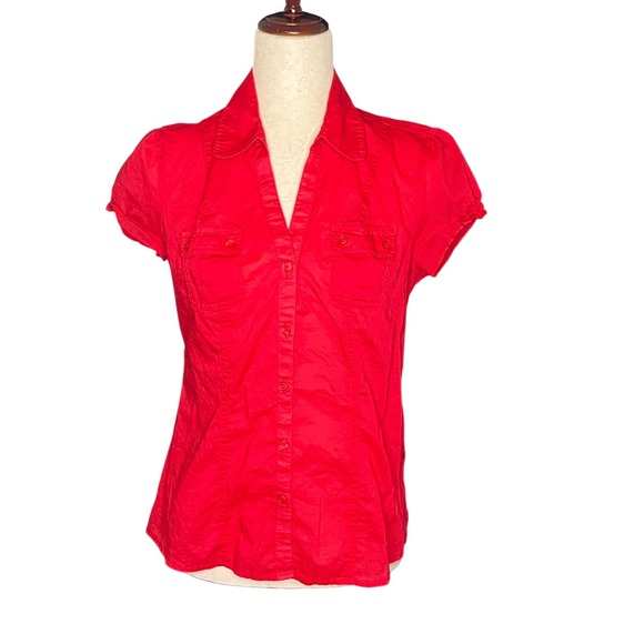 Y2K Red Button Down Shirt Short Sleeve Womens Med Lightweight Rory Gilmore Girls - Picture 1 of 7
